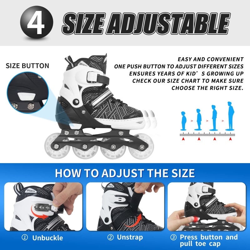 Nattork Adjustable Inline Skates for Big Boys Youth with Light up Wheels - Black Youth Blade Roller for Beginners Teen Size 5 6 7 8 Ages 11 12 13 14 15 - Image 4